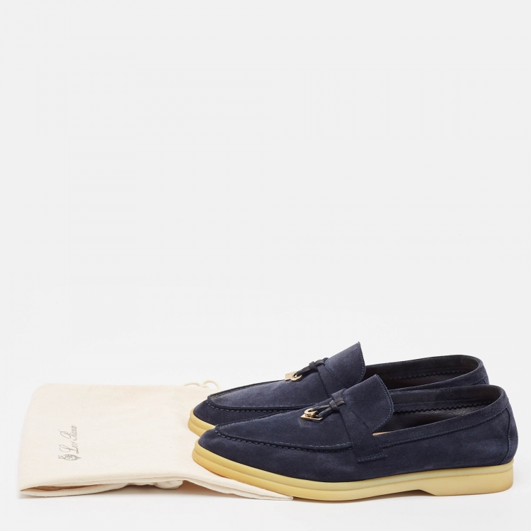 Pre Owned Loro Piana Navy Blue Suede Summer Charms Walk  Loafers Size 38