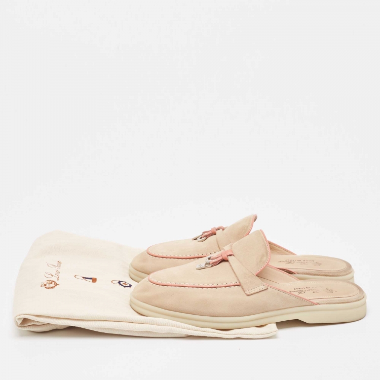 Pre Owned Loro Piana Beige/Pink Nubuck Leather Babouche Charms Walk Mules Size 36.5