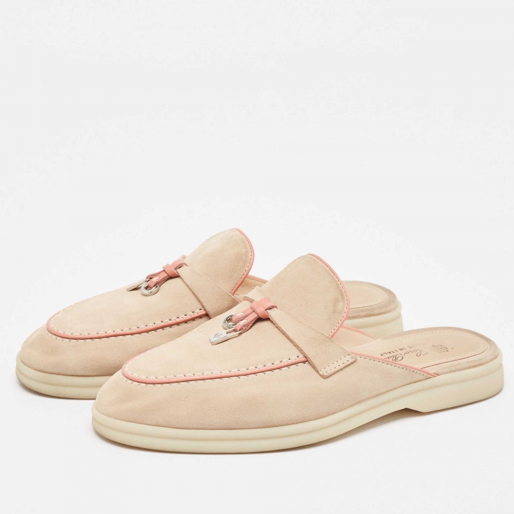 Pre Owned Loro Piana Beige/Pink Nubuck Leather Babouche Charms Walk Mules Size 36.5