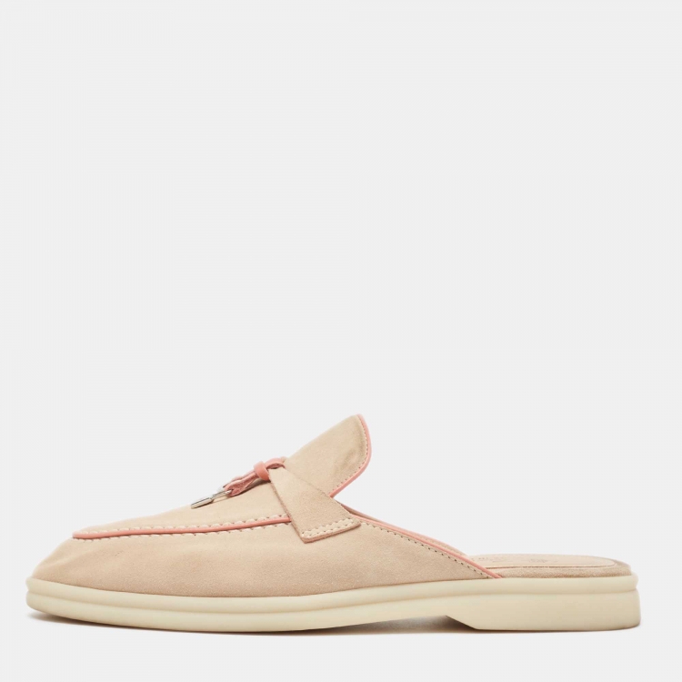 Pre Owned Loro Piana Beige/Pink Nubuck Leather Babouche Charms Walk Mules Size 36.5