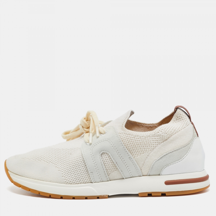 Pre Owned Loro Piana Off White/Grey Knit Fabric and Suede 360 Flexy Walker Sneakers Size 36