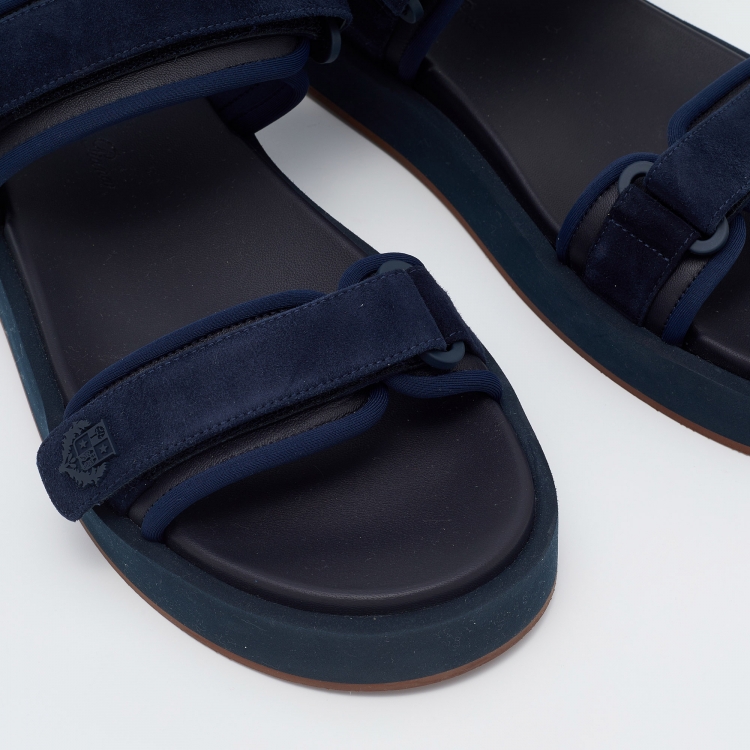 Pre Owned Loro Piana Navy Blue Suede and Leather Waikiki Flat Sandals Size 38