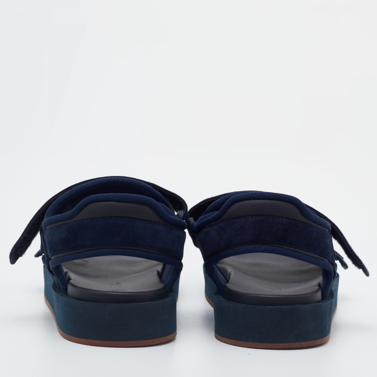 Pre Owned Loro Piana Navy Blue Suede and Leather Waikiki Flat Sandals Size 38