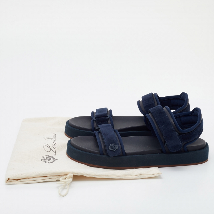 Pre Owned Loro Piana Navy Blue Suede and Leather Waikiki Flat Sandals Size 38