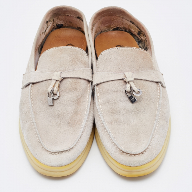 Pre Owned Loro Piana Light Grey Suede Summer Charms Walk Loafers  Size 37