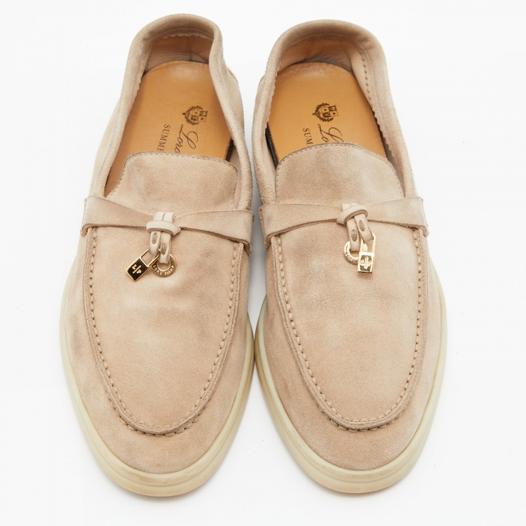 Pre Owned Loro Piana Beige Nubuck Leather Summer Charms Walk Slip On Loafers Size 36.5