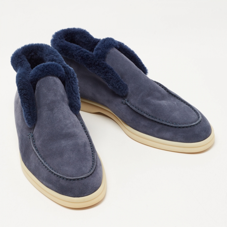 Pre Owned Loro Piana Navy Blue Suede and Fur Open Walk Chukka Boots Size 38