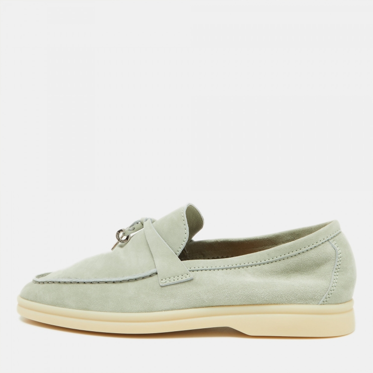 Pre Owned Loro Piana Pale Green Suede Summer Charms Walk Slip On Loafers Size 38