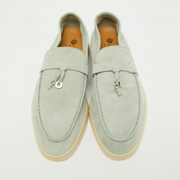 Pre Owned Loro Piana Pale Green Suede Summer Charms Walk Slip On Loafers Size 38