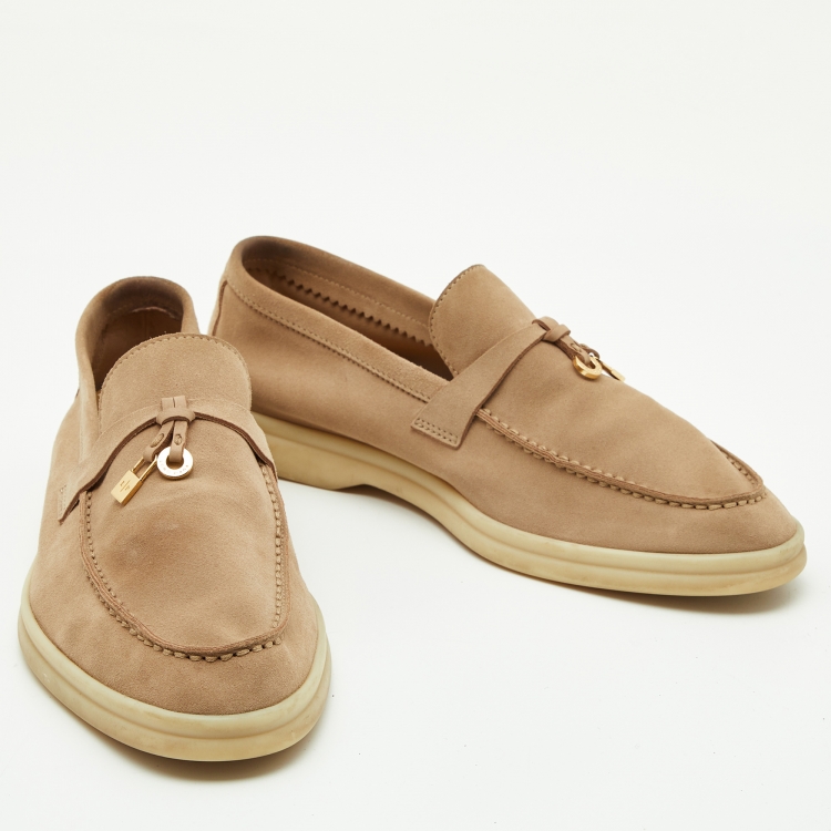 Pre Owned Loro Piana Beige Suede Summer Charms Walk Slip On Loafers Size 37.5