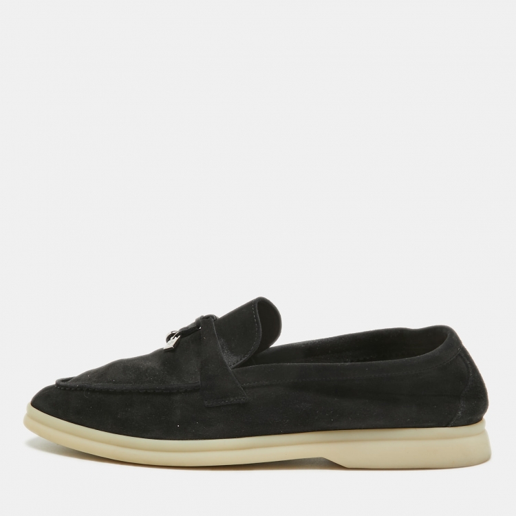 مملوكة مسبقًا Loro Piana Black Suede Summer Charms Walk Loafers Size 39.5