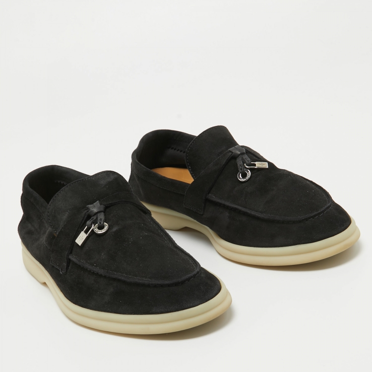 مملوكة مسبقًا Loro Piana Black Suede Summer Charms Walk Loafers Size 39.5