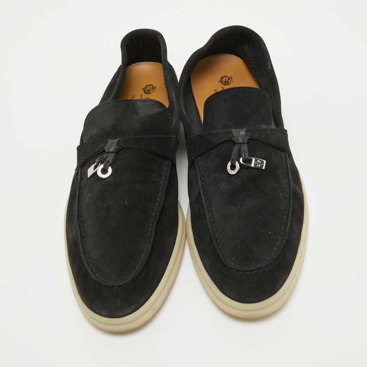 مملوكة مسبقًا Loro Piana Black Suede Summer Charms Walk Loafers Size 39.5