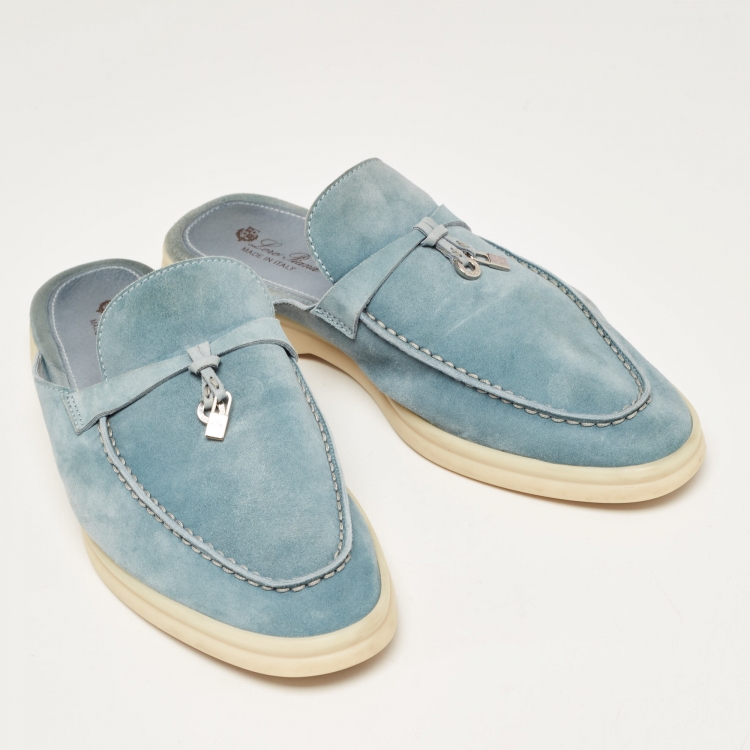 Pre Owned Loro Piana Blue Suede Babouche Charms Walk Flat Mules Size 40