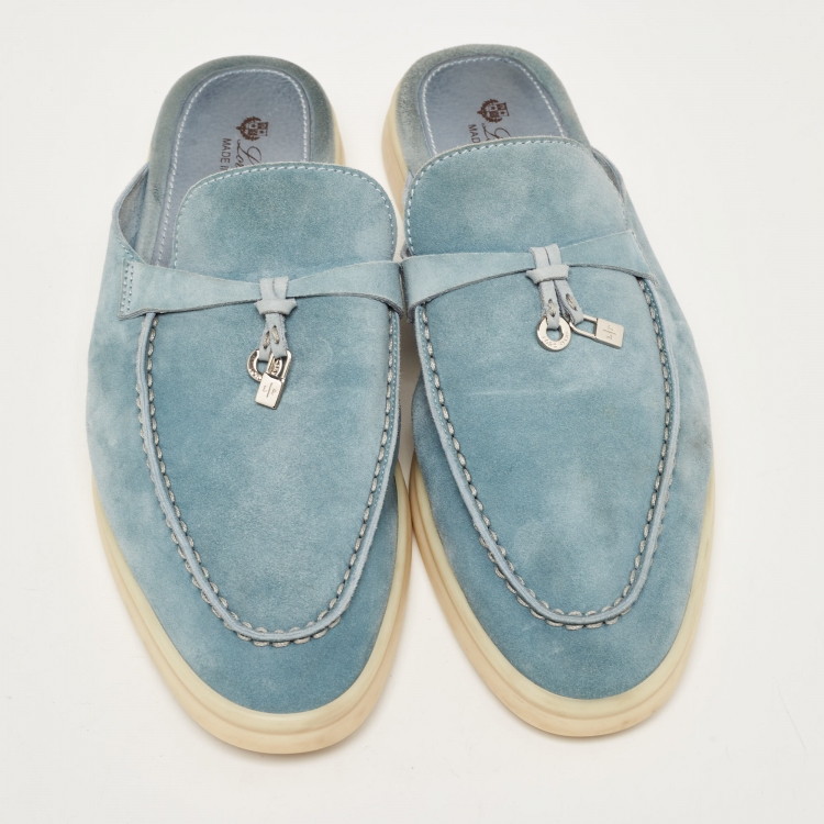 Pre Owned Loro Piana Blue Suede Babouche Charms Walk Flat Mules Size 40