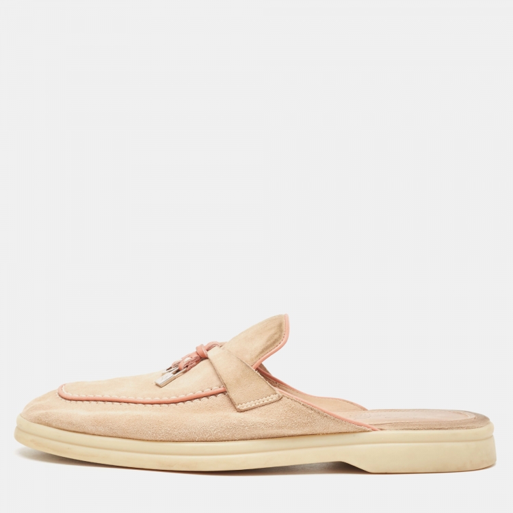 Pre Owned Loro Piana Beige/Pink Suede Babouche Charms Walk Flat Mules Size 37