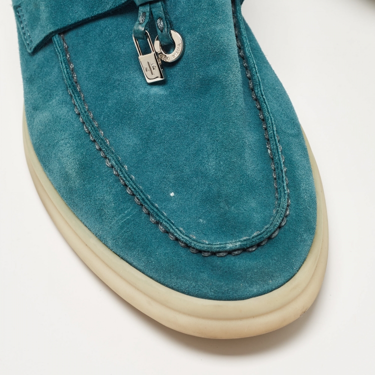 Pre Owned Loro Piana Teal Suede Summer Charms Walk Loafers Size 38