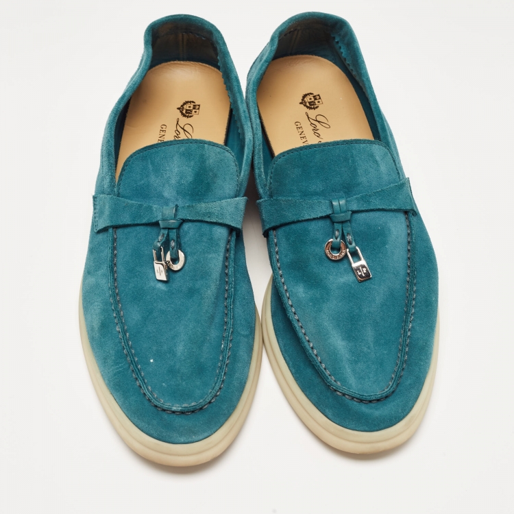 Pre Owned Loro Piana Teal Suede Summer Charms Walk Loafers Size 38