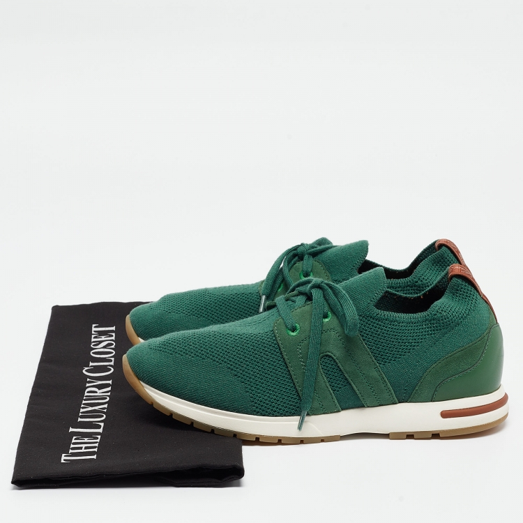 Pre Owned Loro Piana Green Knit Fabric Lace Up Sneakers Size 37.5