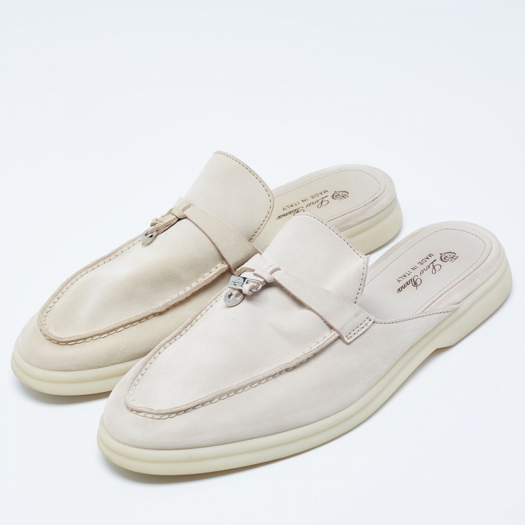 Pre Owned Loro Piana Beige Nubuck Leather Babouche Charms Walk Mules Size 39.5