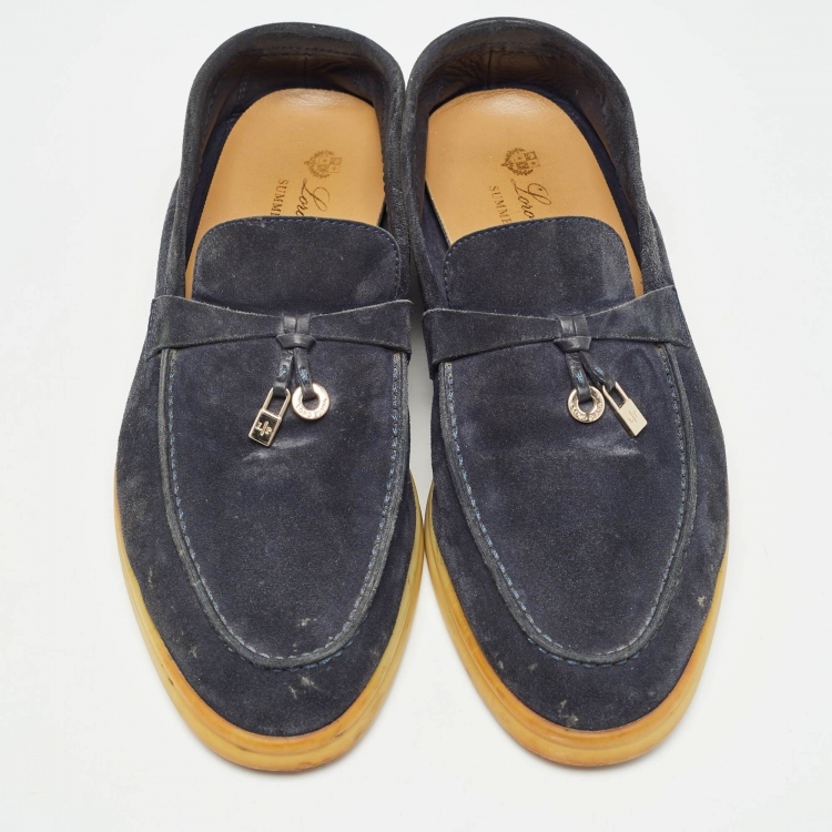 Pre Owned Loro Piana Navy Blue Suede Summer Charms Walk Loafers Size 39.5