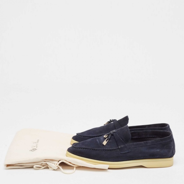 Pre Owned Loro Piana Navy Blue Suede Summer Charms Walk  Loafers  Size 37