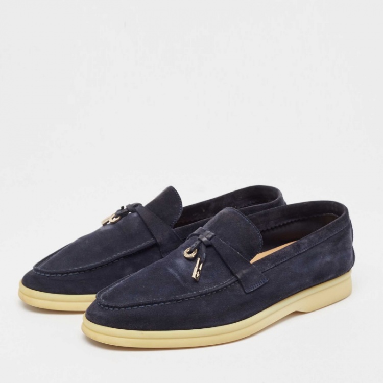 Pre Owned Loro Piana Navy Blue Suede Summer Charms Walk  Loafers  Size 37