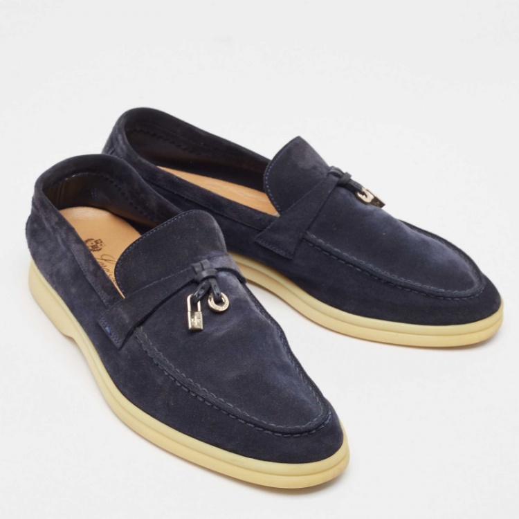 Pre Owned Loro Piana Navy Blue Suede Summer Charms Walk  Loafers  Size 37