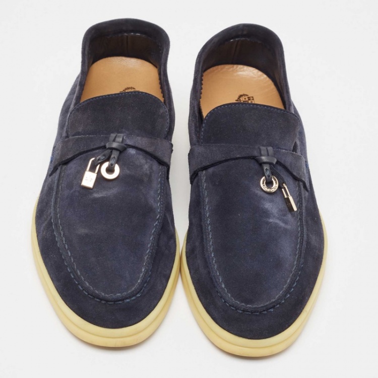 Pre Owned Loro Piana Navy Blue Suede Summer Charms Walk  Loafers  Size 37