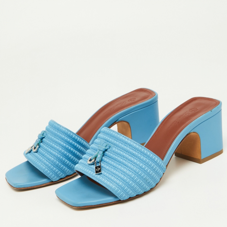 Pre Owned Loro Piana Blue Embroidered Leather Sprightly Charms Slide Sandals Size 36