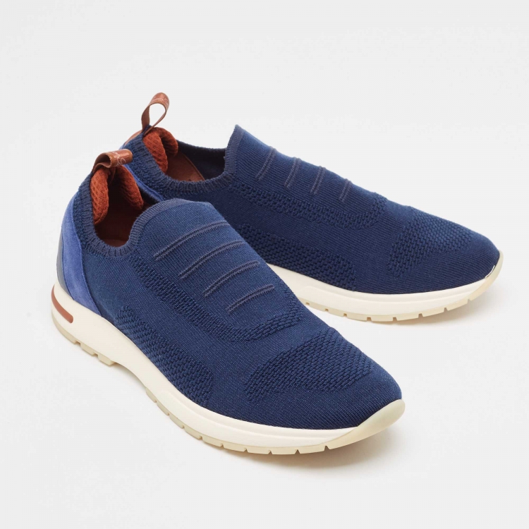 Pre Owned Loro Piana Navy Blue Knit Fabric 360 LP Flexy Walk Sneakers Size 39