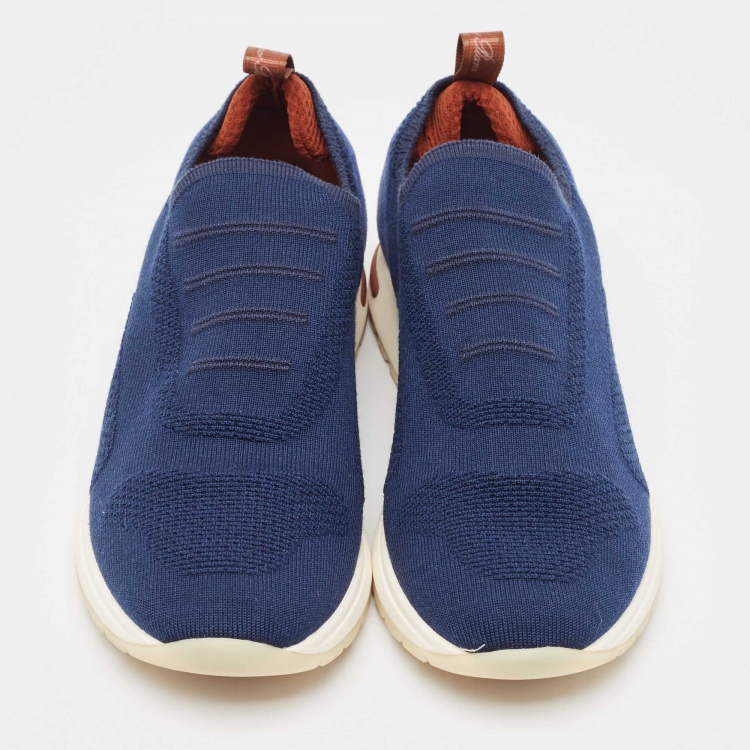 Pre Owned Loro Piana Navy Blue Knit Fabric 360 LP Flexy Walk Sneakers Size 39