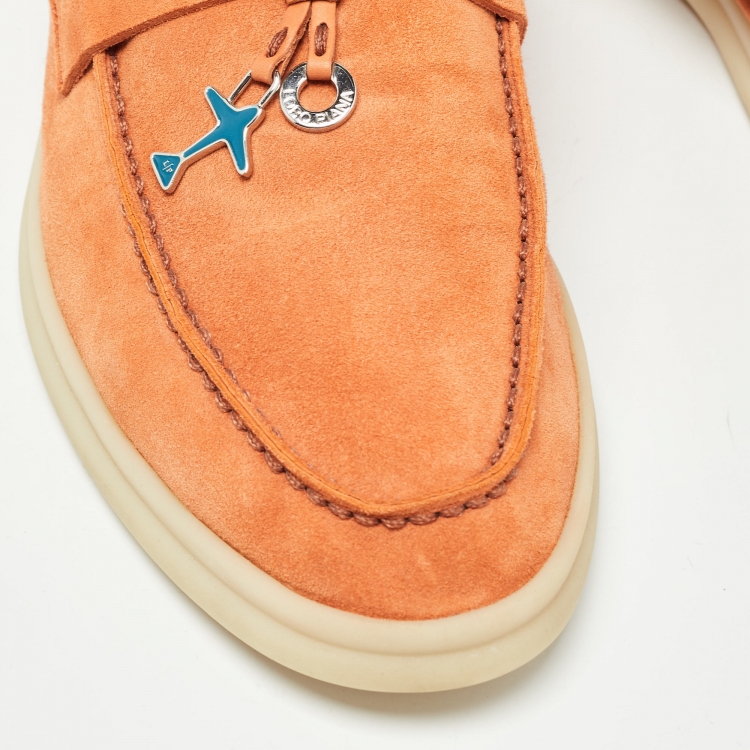 Pre Owned Loro Piana Orange Suede Summer Walk Charms Slip On Loafers Size 38