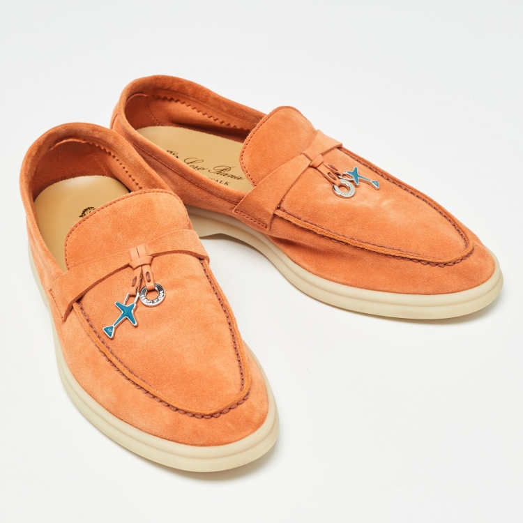 Pre Owned Loro Piana Orange Suede Summer Walk Charms Slip On Loafers Size 38