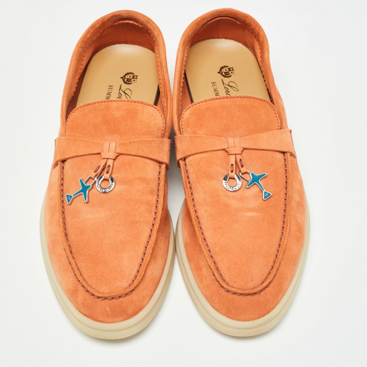 Pre Owned Loro Piana Orange Suede Summer Walk Charms Slip On Loafers Size 38