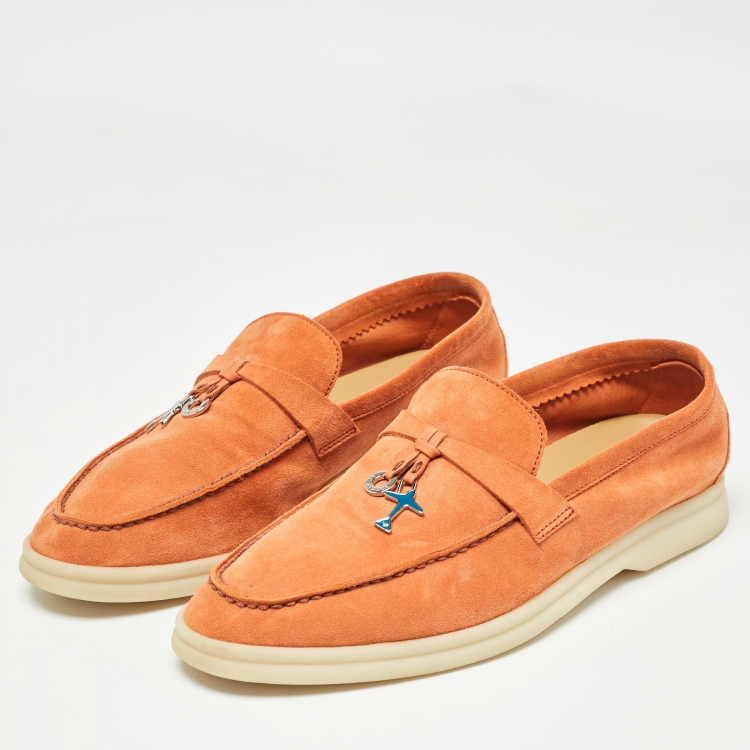 Pre Owned Loro Piana Orange Suede Summer Walk Charms Slip On Loafers Size 38