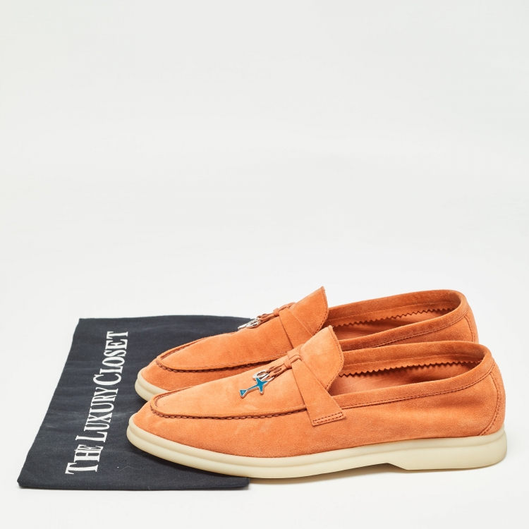 Pre Owned Loro Piana Orange Suede Summer Walk Charms Slip On Loafers Size 38
