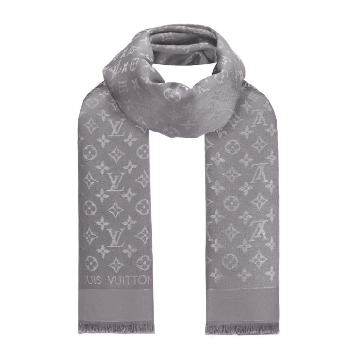 Louis Vuitton charcoal gray monogram shine shawl scarf with pink
