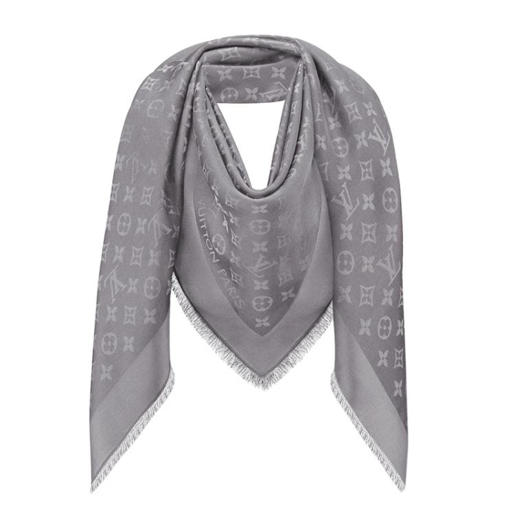 Louis Vuitton charcoal gray monogram shine shawl scarf with pink sweater  and gray jeans, Prada Esplanade City tote - Meagan's Moda