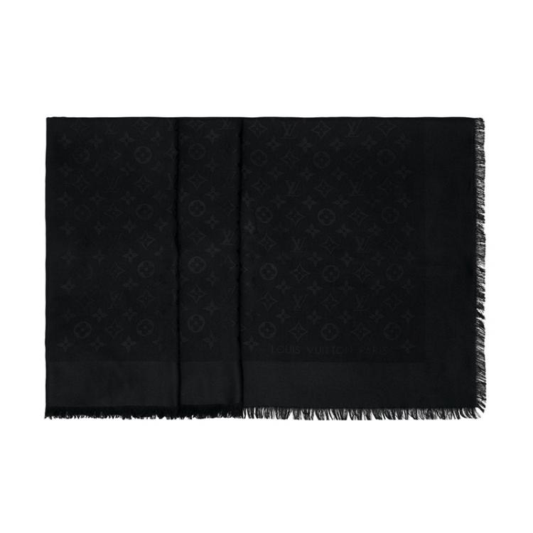LOUIS VUITTON Silk Wool Monogram Shawl Black 1311042