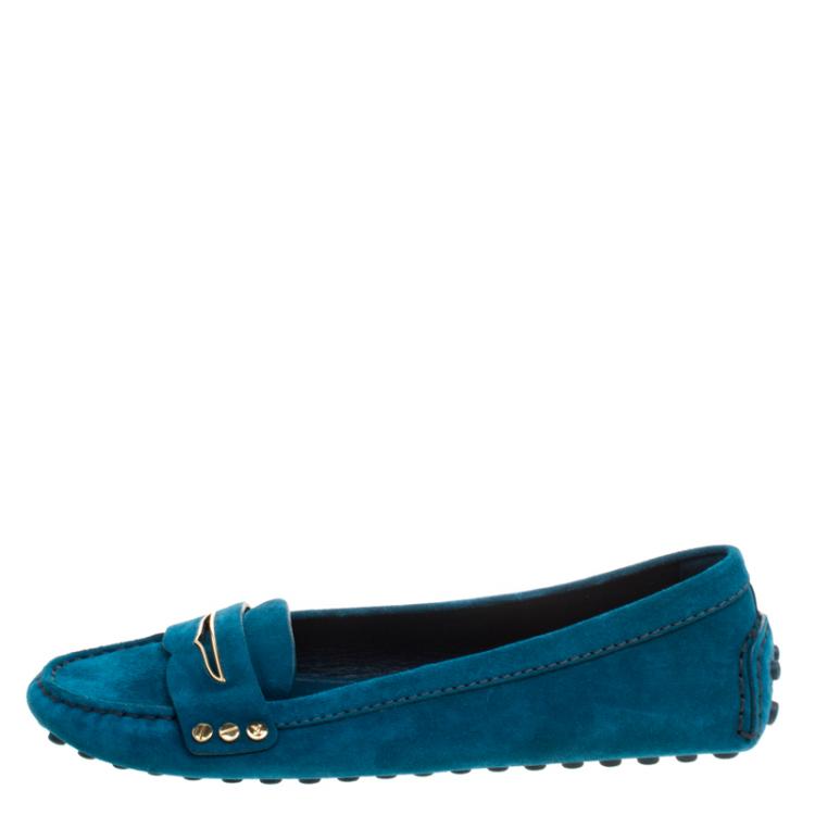 Pre Owned Louis Vuitton Blue Suede Loafers 