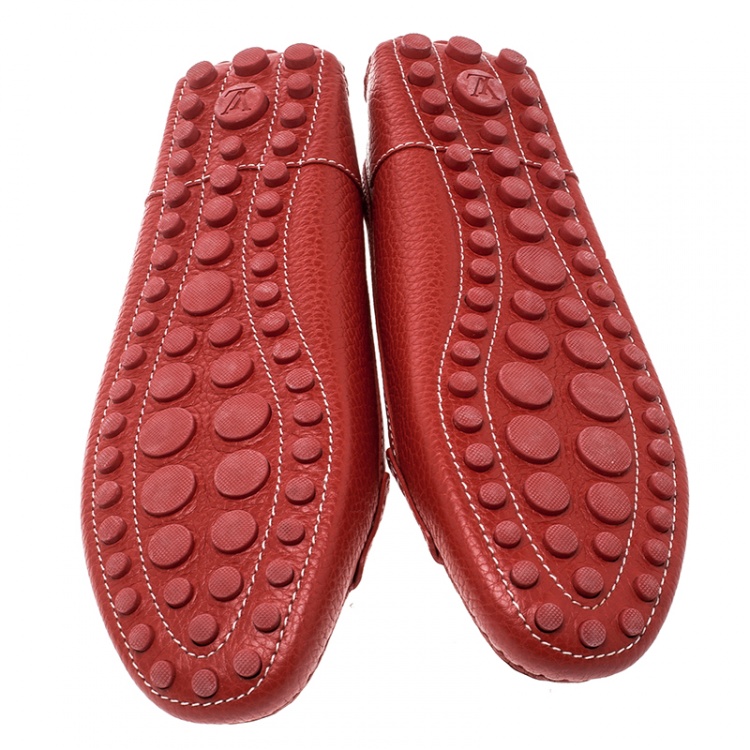 Pre Owned Louis Vuitton Red Leather Close Up Loafers Size 39.5