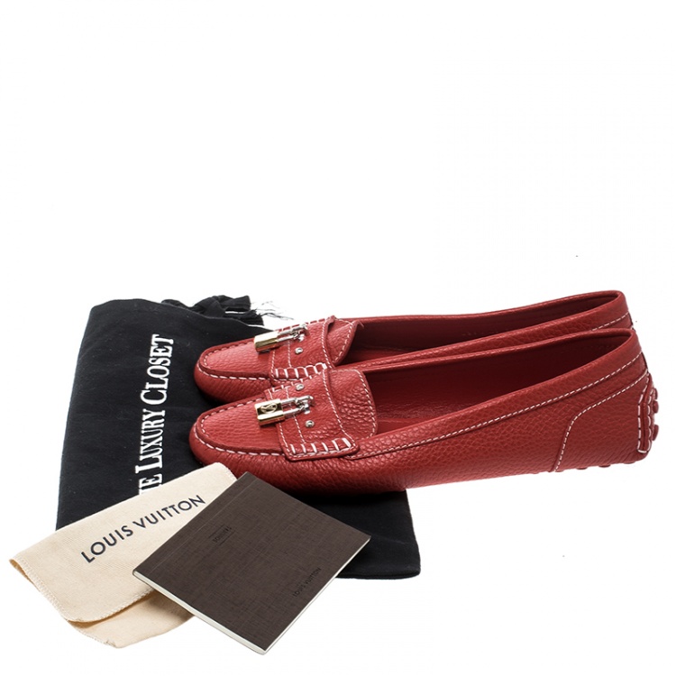 Pre Owned Louis Vuitton Red Leather Close Up Loafers Size 39.5