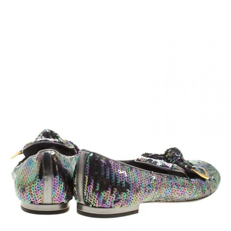 Pre Owned Louis Vuitton Two Tone Sequins Amulet Loafers Size 40