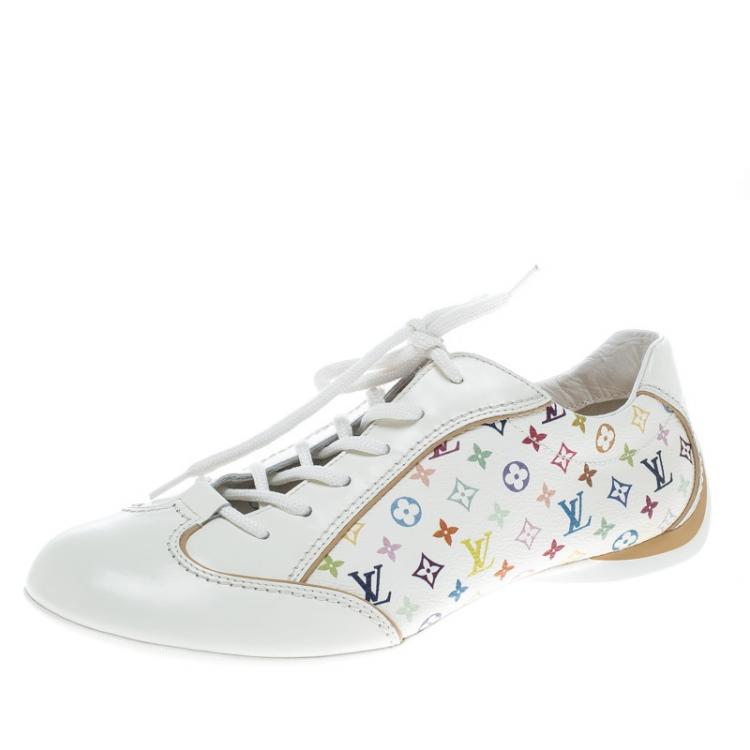 Louis Vuitton White Leather And Multicolor Monogram Canvas Lace Up Sneakers  Size 34 Louis Vuitton