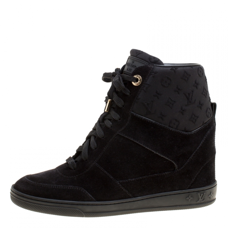 Louis Vuitton Black Suede And Embossed Monogram Fabric Millenium Wedge  Sneakers Size 37.5 Louis Vuitton