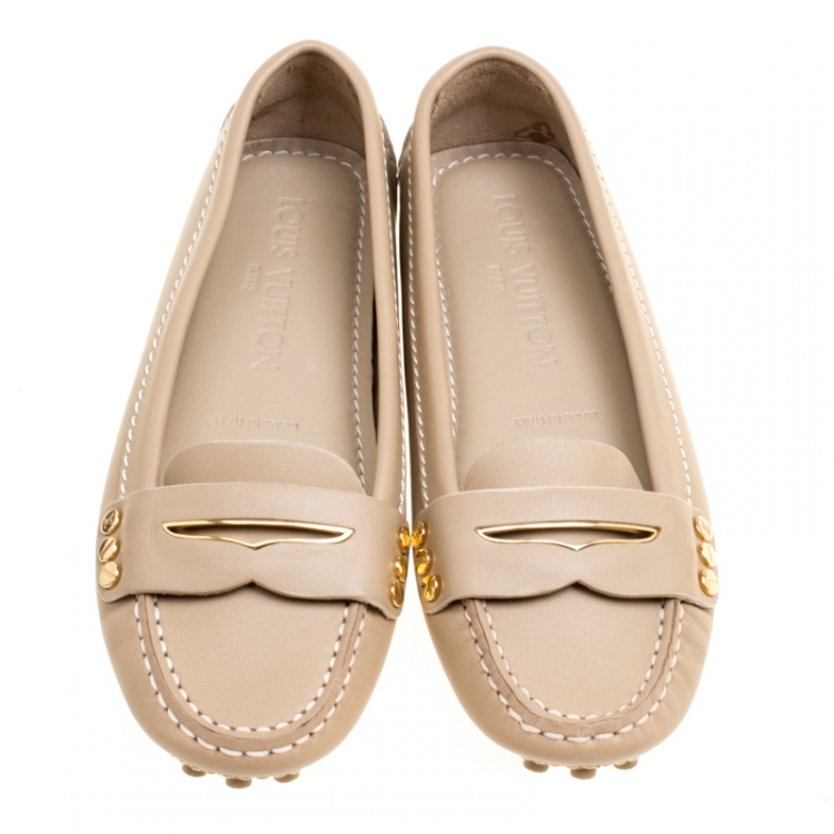 Pre Owned Louis Vuitton Beige Leather Penny Loafers Size 34