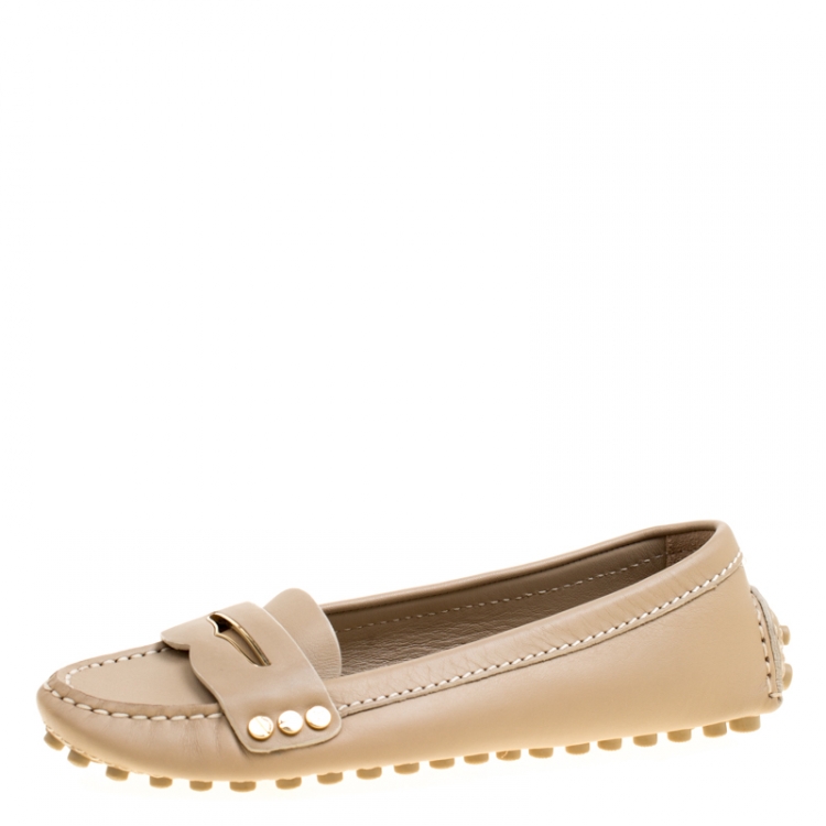 Pre Owned Louis Vuitton Beige Leather Penny Loafers Size 34