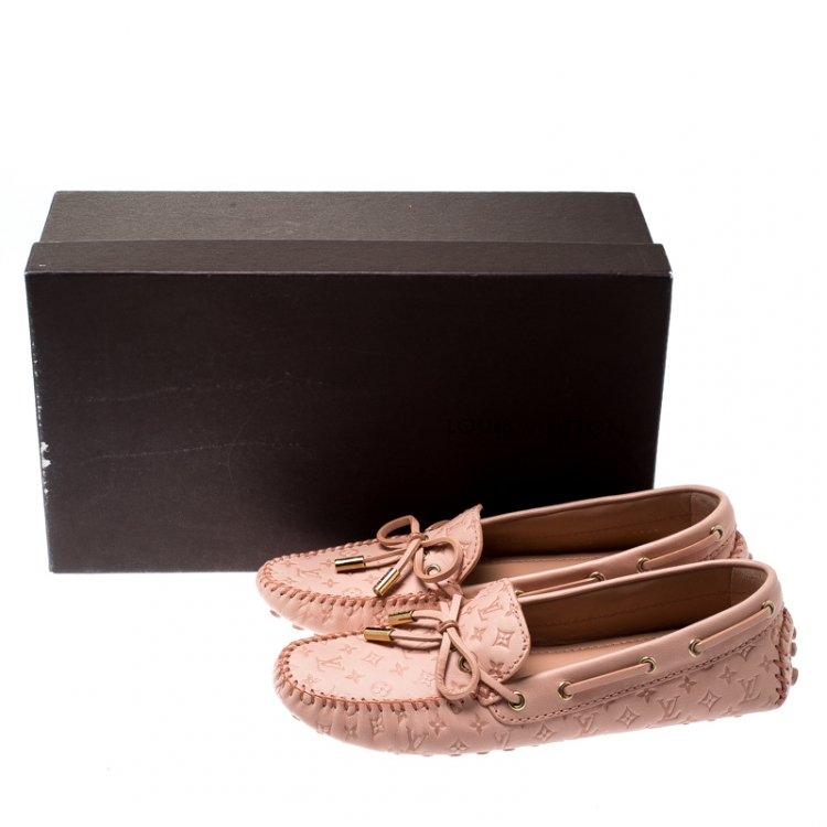 Pre Owned Louis Vuitton Rose Pink Monogram Embossed Leather Gloria Loafers Size 36
