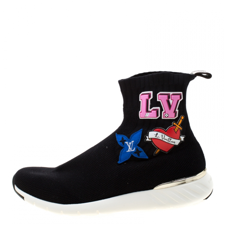 Louis Vuitton Black Knitted Fabric Black Heart High Top Sneakers